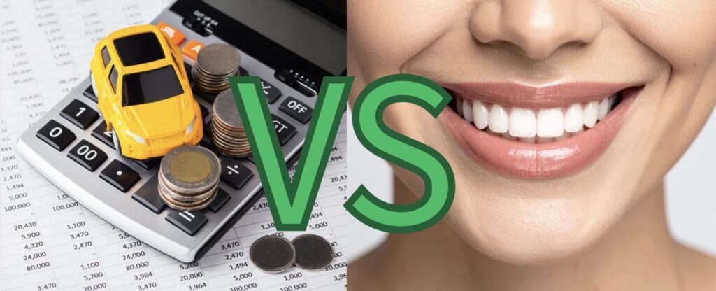 車などの高額な買い物と矯正治療の価値を比較するイメージと矯正治療後のきれいな歯並びで笑顔になる女性｜奈良市の矯正歯科